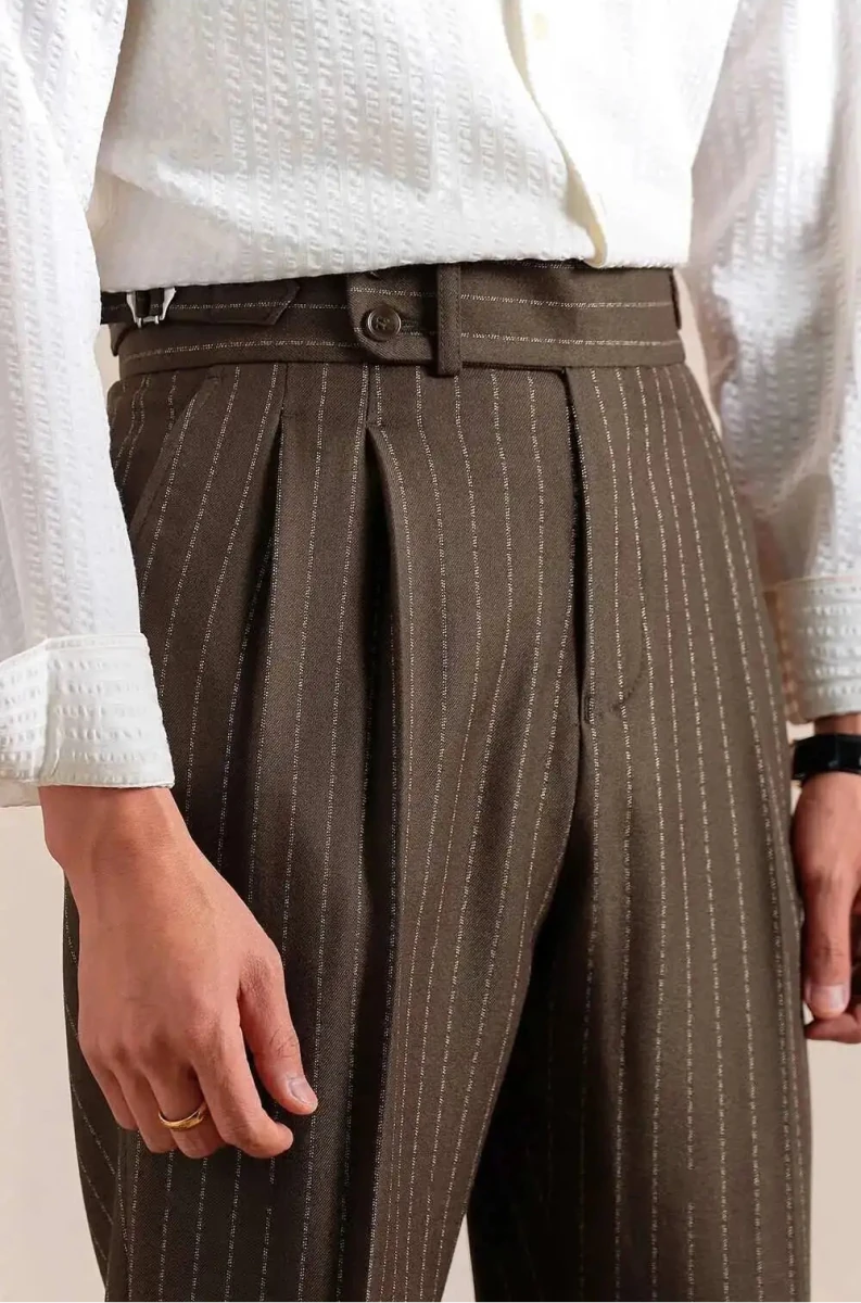 Italian style double pleated striped trousers