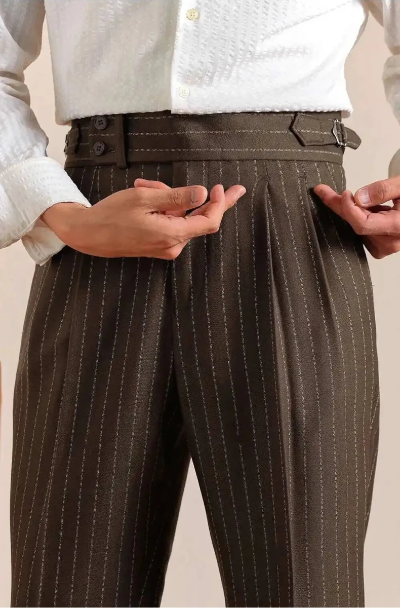 Italian style double pleated striped trousers