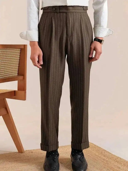 Italian style double pleated striped trousers