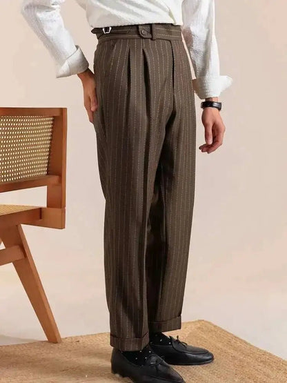 Italian style double pleated striped trousers