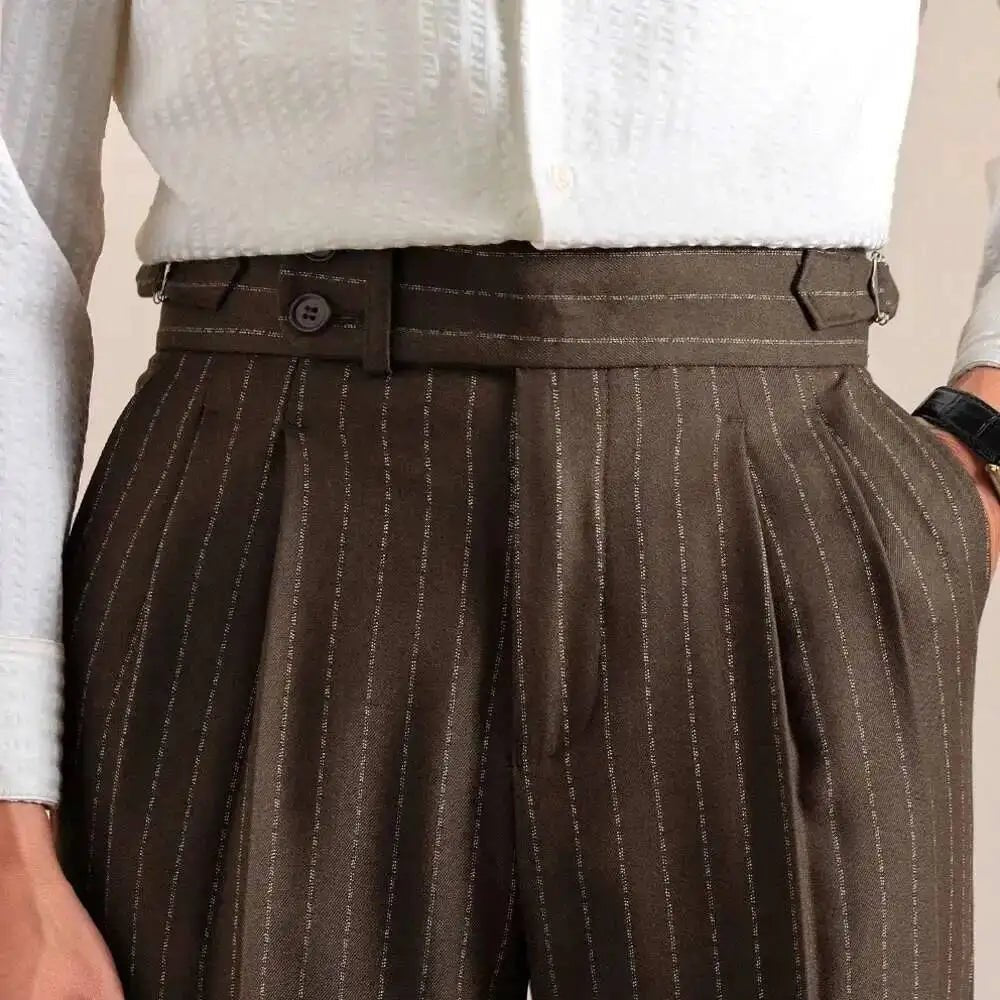Italian style double pleated striped trousers