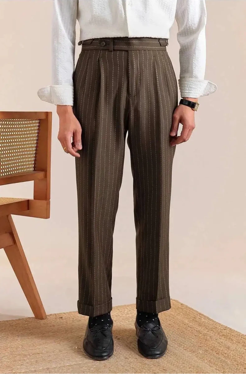 Italian style double pleated striped trousers