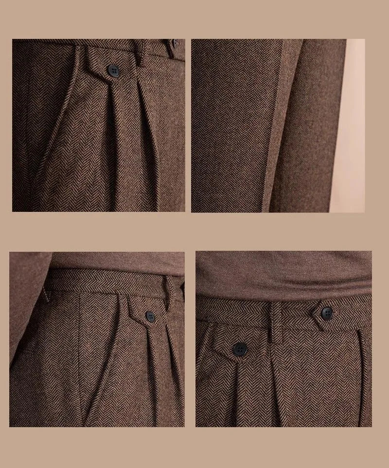 Italian wool herringbone pattern straight pants