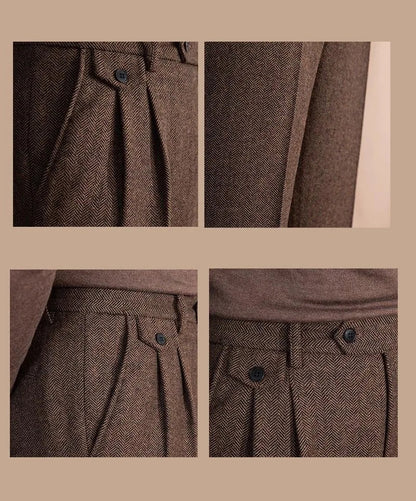 Italian wool herringbone pattern straight pants