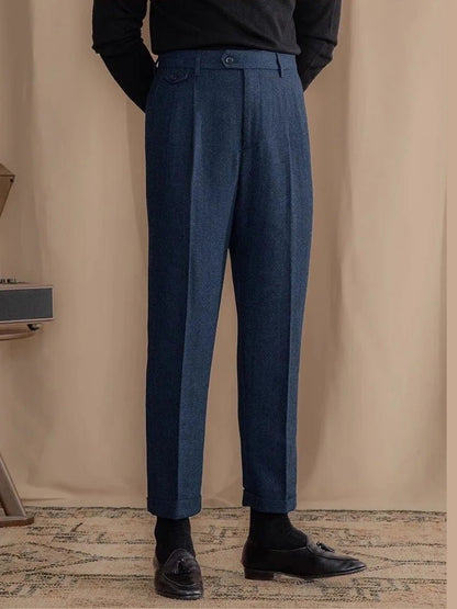 Italian wool herringbone pattern straight pants