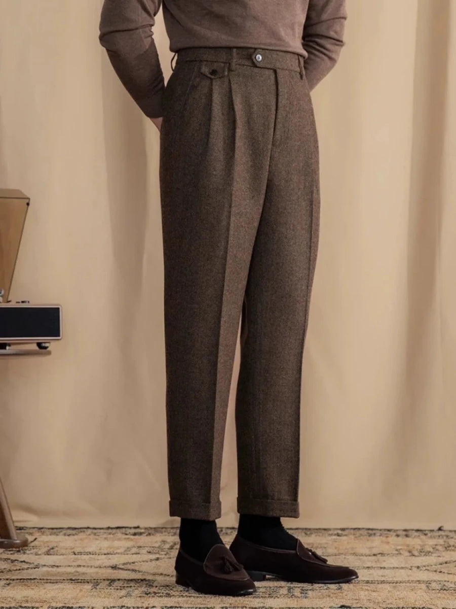 Italian wool herringbone pattern straight pants