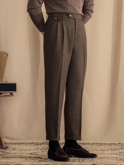 Italian wool herringbone pattern straight pants