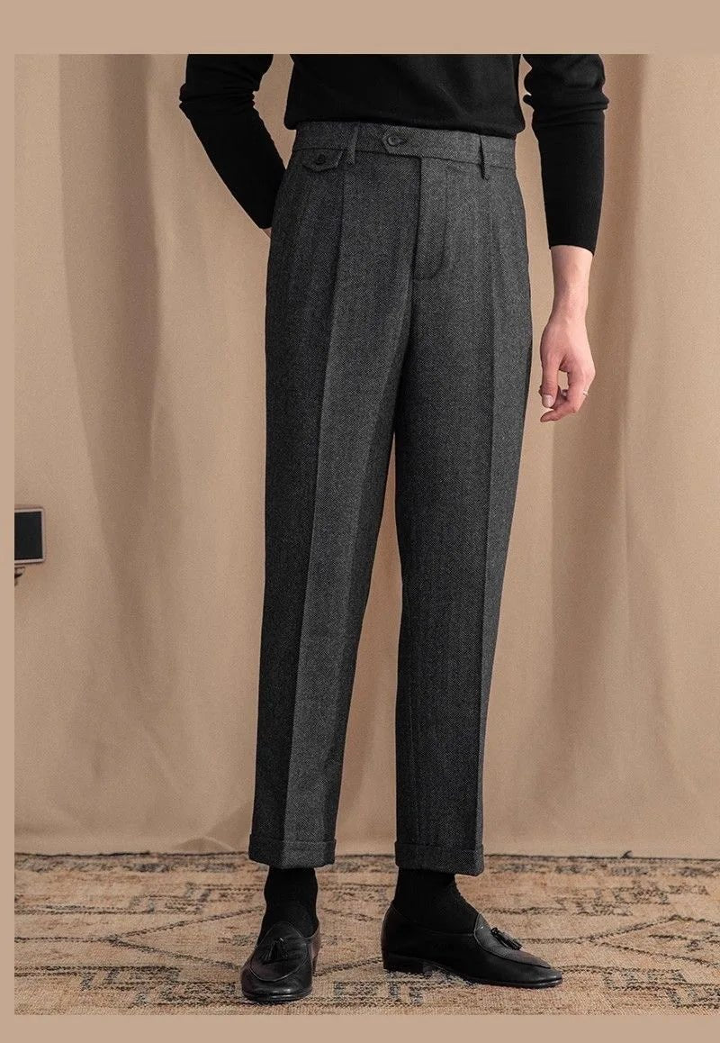 Italian wool herringbone pattern straight pants