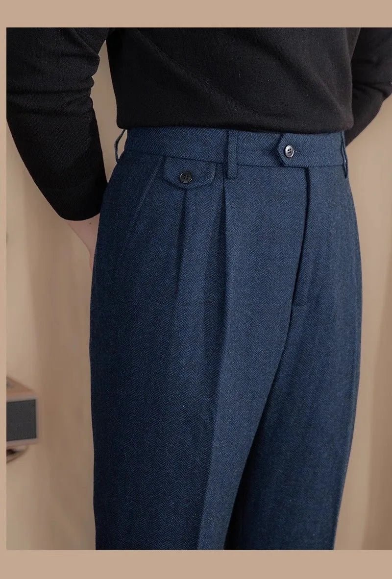 Italian wool herringbone pattern straight pants