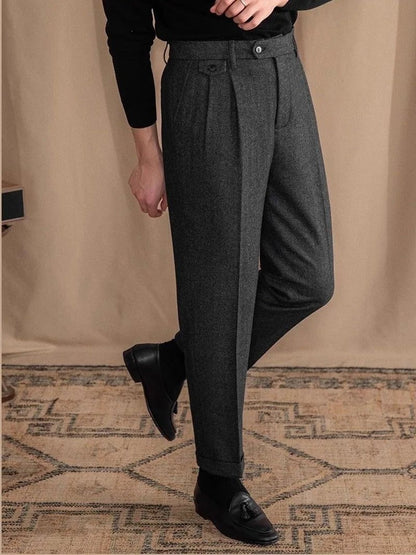 Italian wool herringbone pattern straight pants