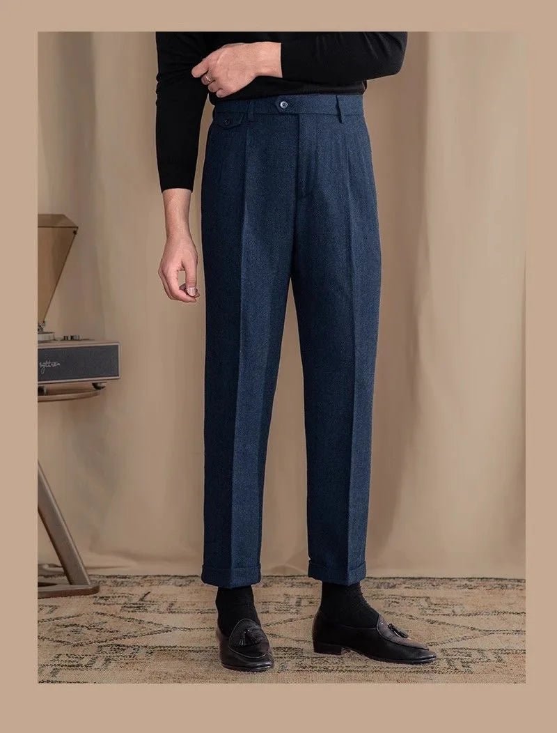 Italian wool herringbone pattern straight pants