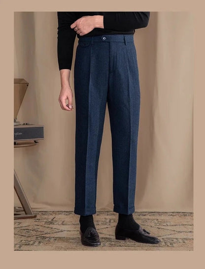 Italian wool herringbone pattern straight pants