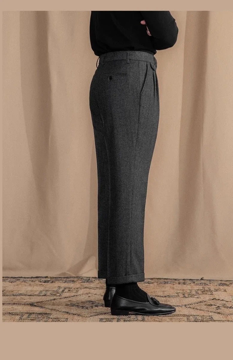 Italian wool herringbone pattern straight pants