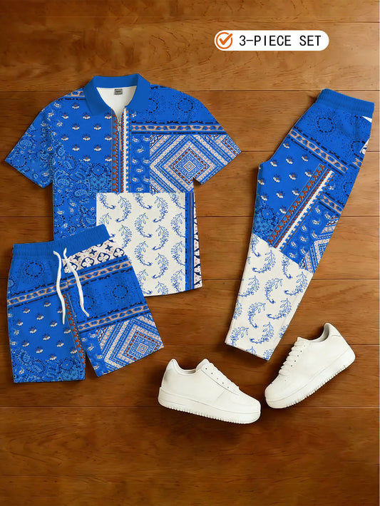 Men's Casual 3-Piece Set Including A Half-Zip Short-Sleeved Shirt, Shorts, And Trousers