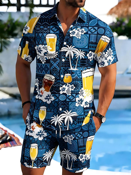 Hawaiian Coconut Tree Floral Beer Men's Short Sleeve Pocket Shirts And Shorts Set