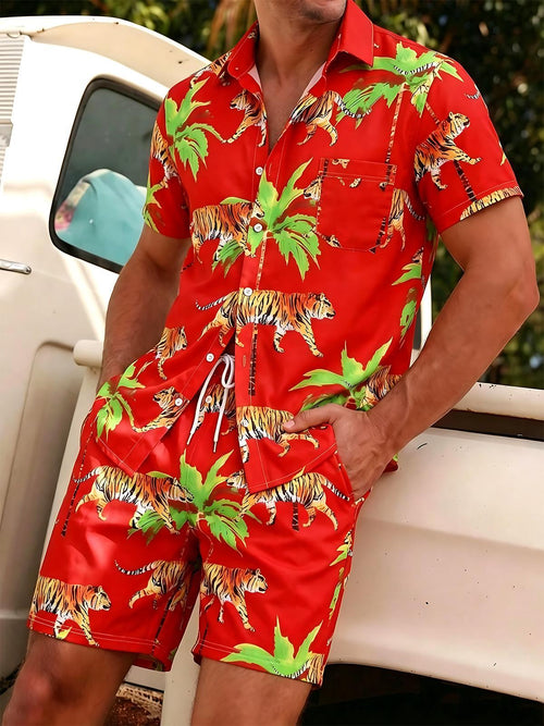 Hawaiian Coconut Tree Tiger Men's Short Sleeve Pocket Shirts And Shorts Set