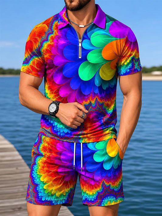 Colorful Psychedelic Fractal Art Abstract Men's Short Sleeve Zipper Polo And Shorts Set