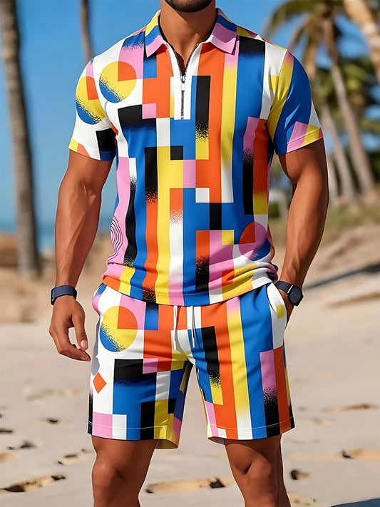 Colorful Geometry Men's Short Sleeve Zipper Polo And Shorts Set