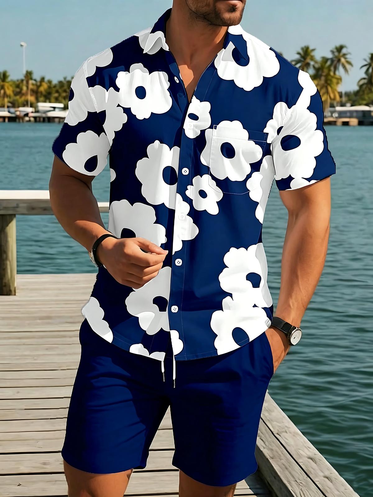 Floral Men's Short Sleeve Pocket Shirts And Shorts Set