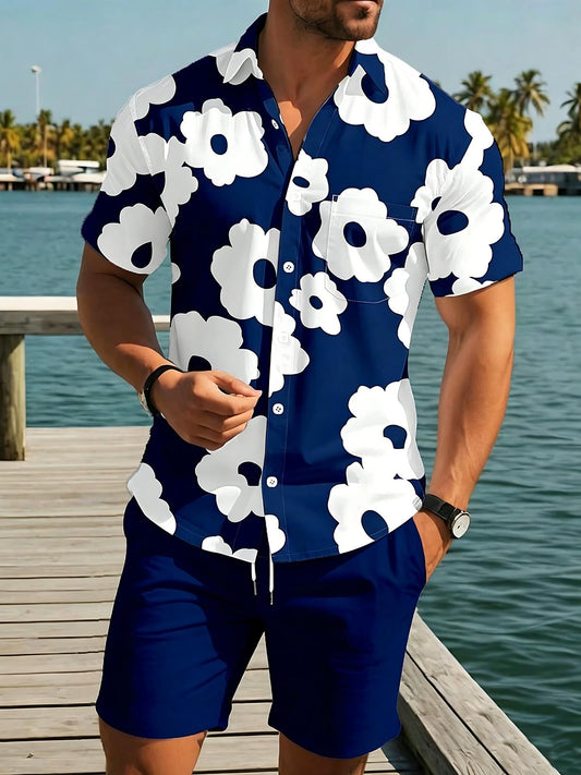Floral Men's Short Sleeve Pocket Shirts And Shorts Set