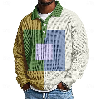 Men's Color Block Geometic Waffle Polo Shirts