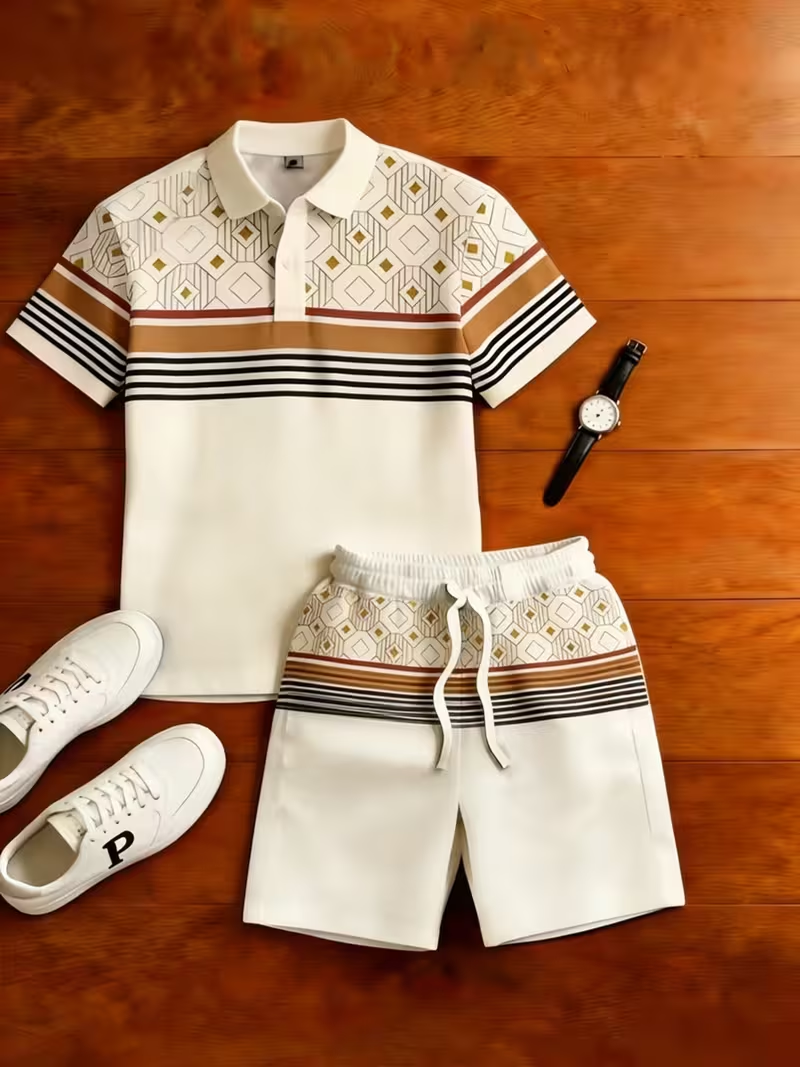 Men's Casual Geometry Printed Polo Shirt And Pants Two-Piece Set