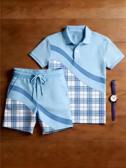 Men's Casual Printed Polo Shirt And Pants Two-Piece Set