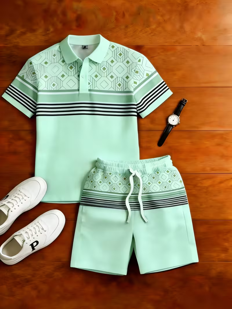 Men's Casual Geometry Printed Polo Shirt And Pants Two-Piece Set