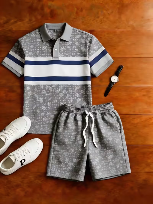 Men's Casual Plaid Printed Polo Shirt And Pants Two-Piece Set