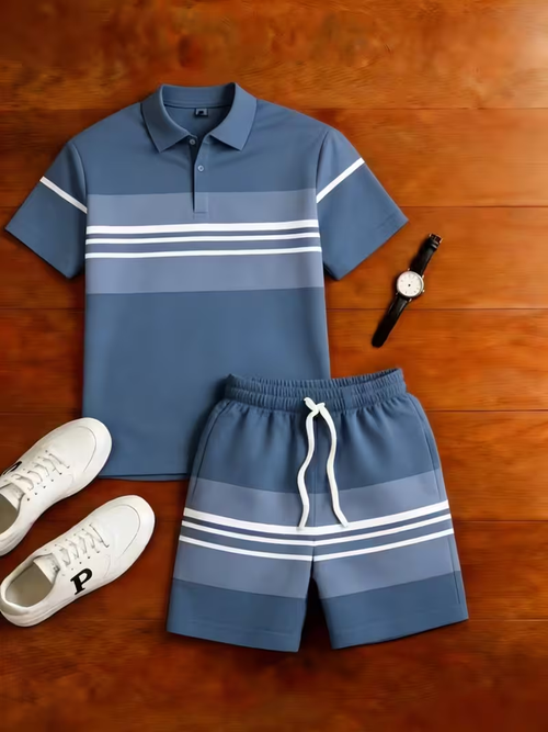 Men's Casual Plaid Printed Polo Shirt And Pants Two-Piece Set