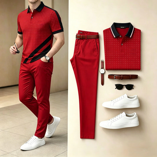 Men's Casual Red Dot Diagonal Color Block Polo Shirt & Long Pants Two-Piece Set