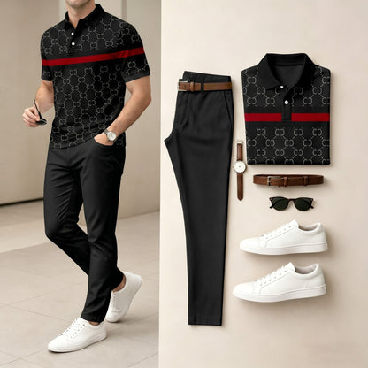 Men's Casual Grey Plaid Printed Polo Shirt And Pants Two-Piece Set