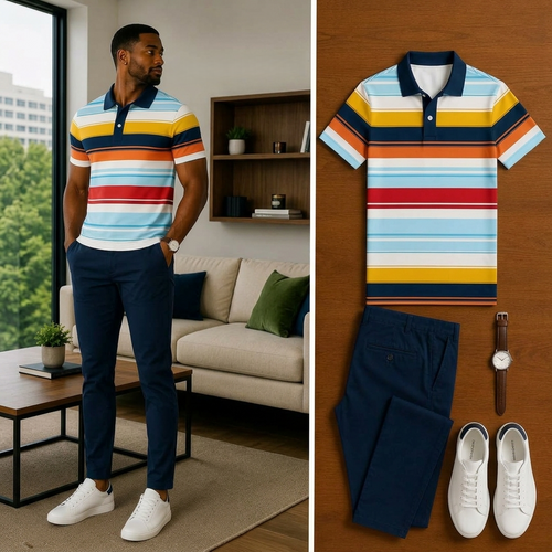 Men's Casual Short Sleeve Polo Shirt And Pants Two-Piece Set