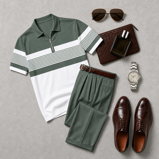 Men's Casual With Green and White Print Polo Collar Zipper Short-Sleeve and Pants Set