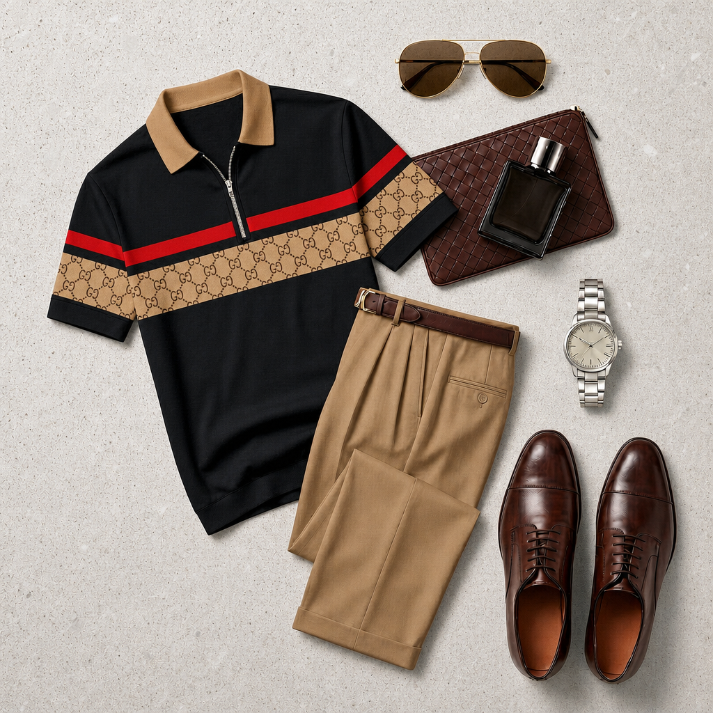 Men's Casual With Black & Brown Print Polo Collar Zipper Short-Sleeve and Pants Set