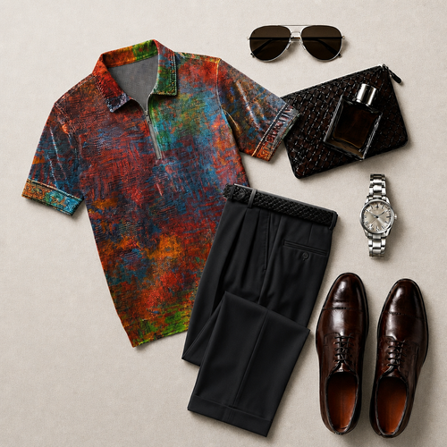 Men's Casual With Watercolor Print Polo Collar Zipper Short-Sleeve and Pants Set