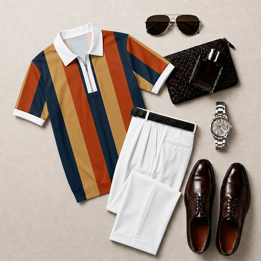 Men's Casual With Vertical stripe splicing Print Polo Collar Zipper Short-Sleeve and Pants Set