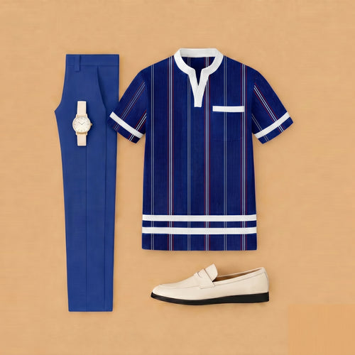 Men's Casual Royal Blue Color Matching Striped Printed Short Sleeved Henry Collar T-Shirt & Trousers Two-Piece Set