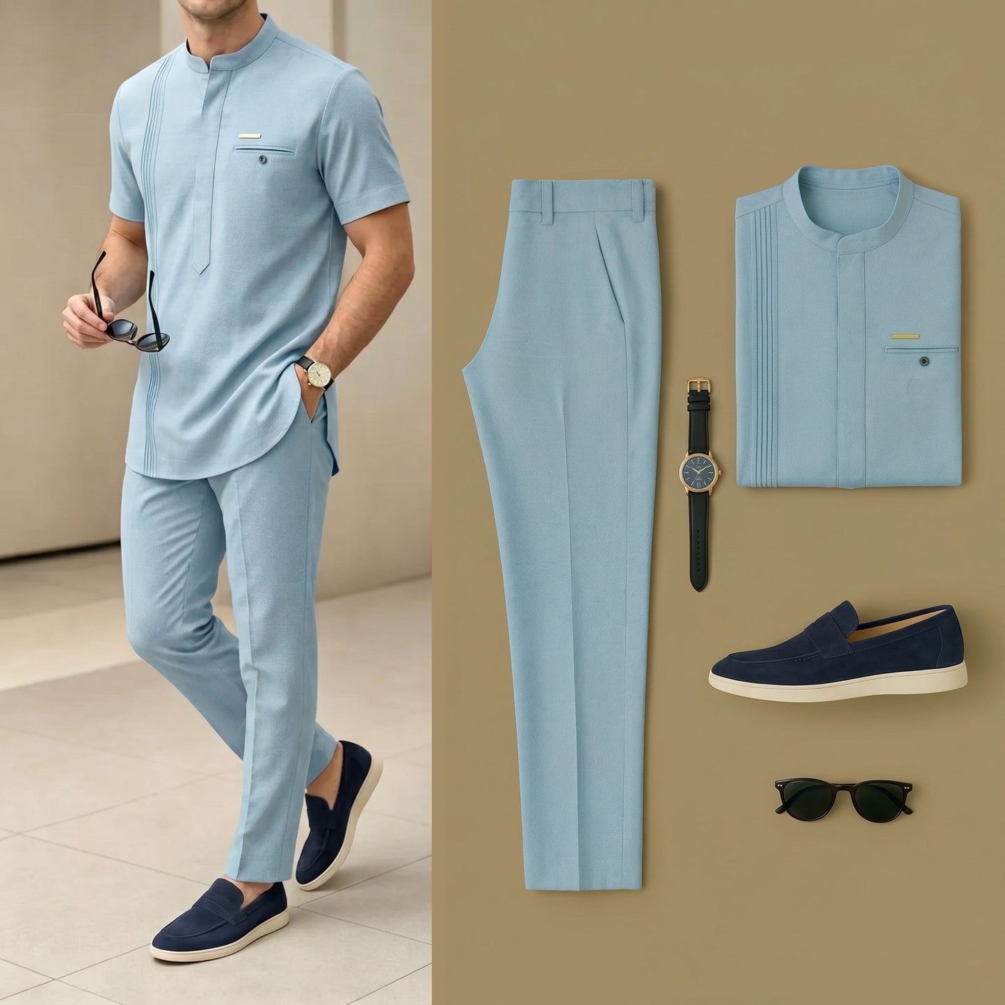Men's Luxury Resort Wear Linen Sky Blue Henry Collar Short Sleeves Walking Suits
