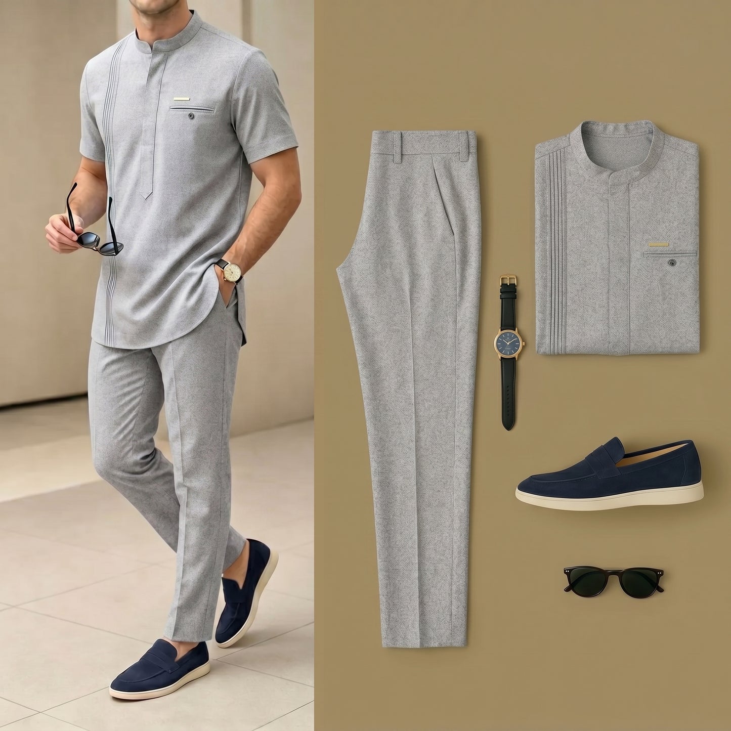 Men's Luxury Resort Wear Linen Light Gray Henry Collar Short Sleeves Walking Suits