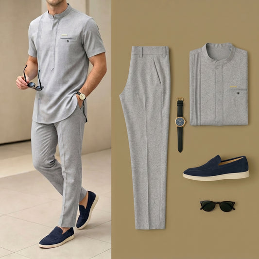 Men's Luxury Resort Wear Linen Light Gray Henry Collar Short Sleeves Walking Suits