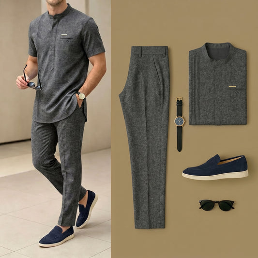 Men's Luxury Resort Wear Linen Dark Gray Henry Collar Short Sleeves Walking Suits