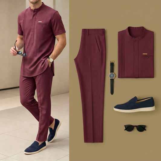 Men's Luxury Resort Wear Linen Burgundy Henry Collar Short Sleeves Walking Suits
