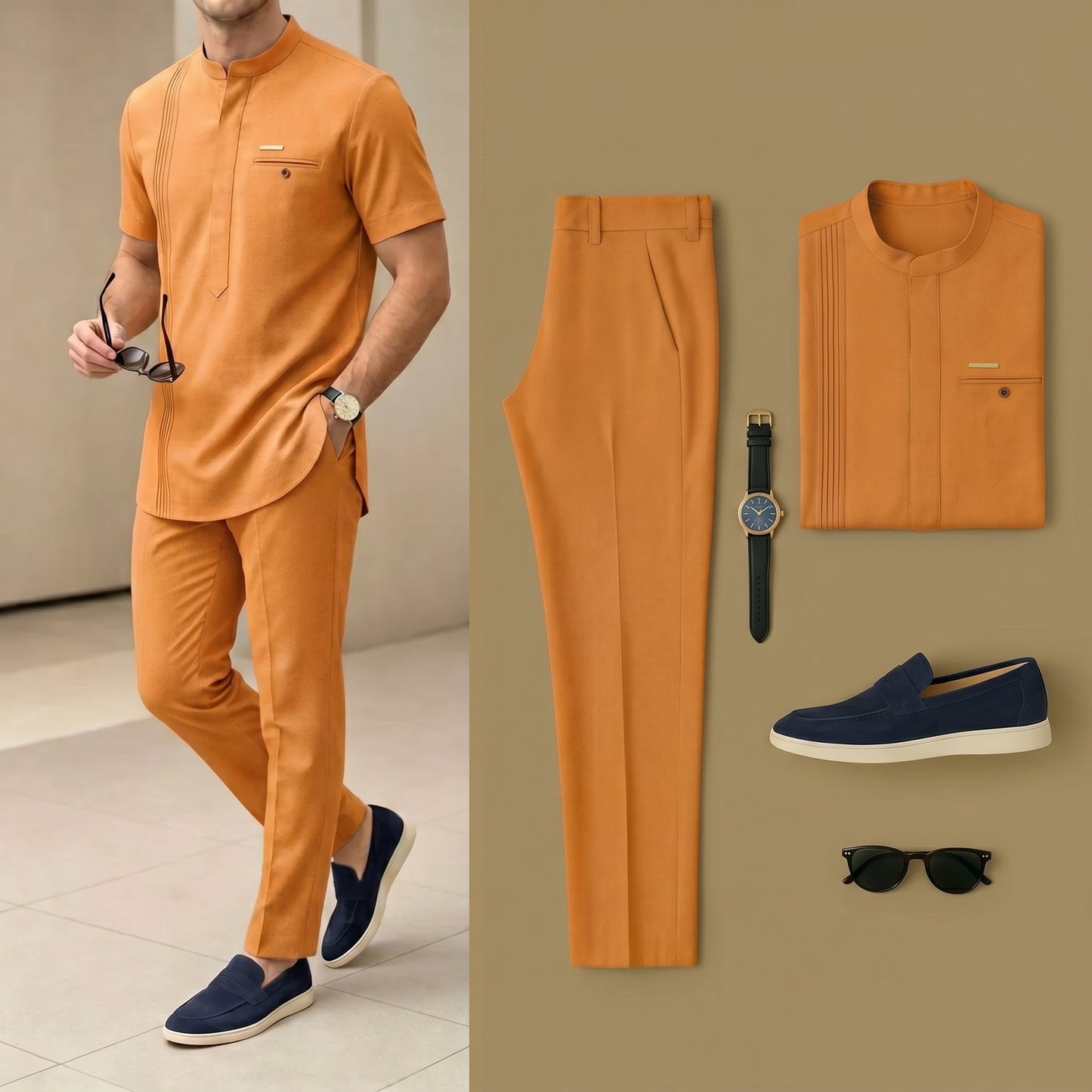 Men's Luxury Resort Wear Linen OrangYellow Henry Collar Short Sleeves Walking Suits