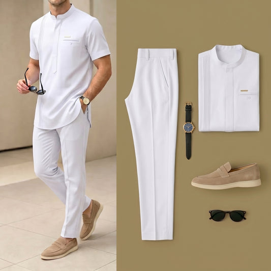 Men's Luxury Resort Wear Linen White Color Henry Collar Short Sleeves Walking Suits