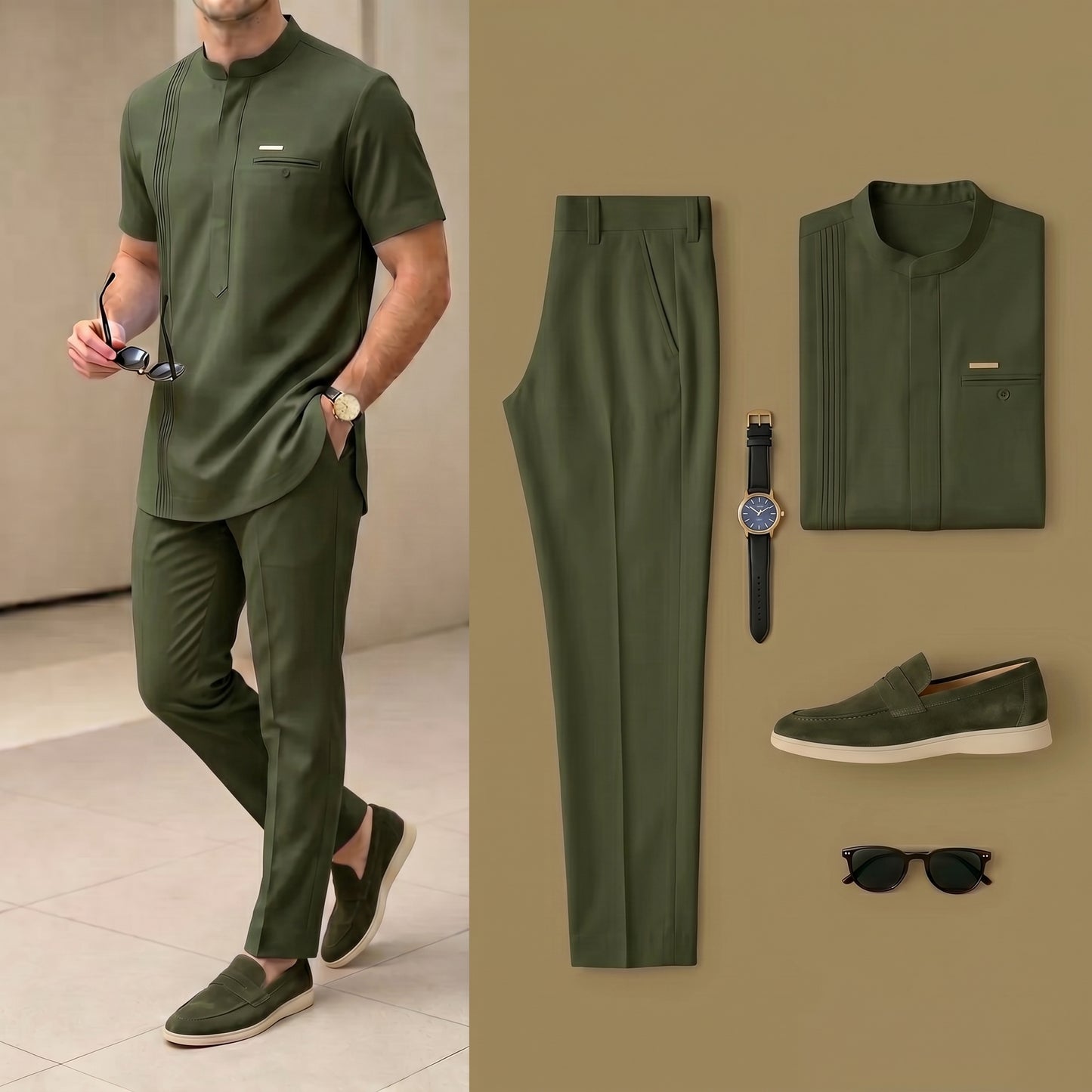 Men's Luxury Resort Wear Linen Army Green Henry Collar Short Sleeves Walking Suits