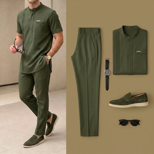 Men's Luxury Resort Wear Linen Army Green Henry Collar Short Sleeves Walking Suits