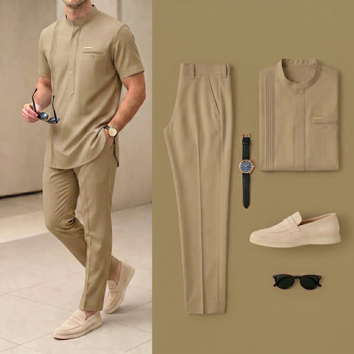 Men's Luxury Resort Wear Linen Khaki Collor Henry Collar Short Sleeves Walking Suits