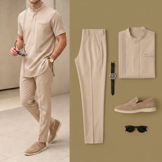 Men's Luxury Resort Wear Linen Beige Color Henry Collar Short Sleeves Walking Suits