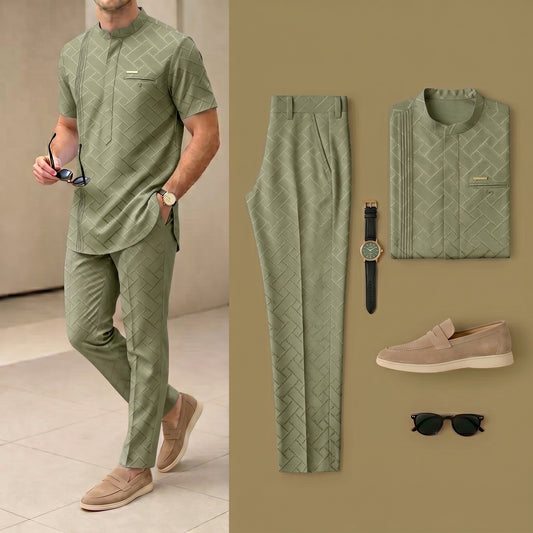 Men's Luxury Resort Wear Linen Green Color Henry Collar Short Sleeves Walking Suits